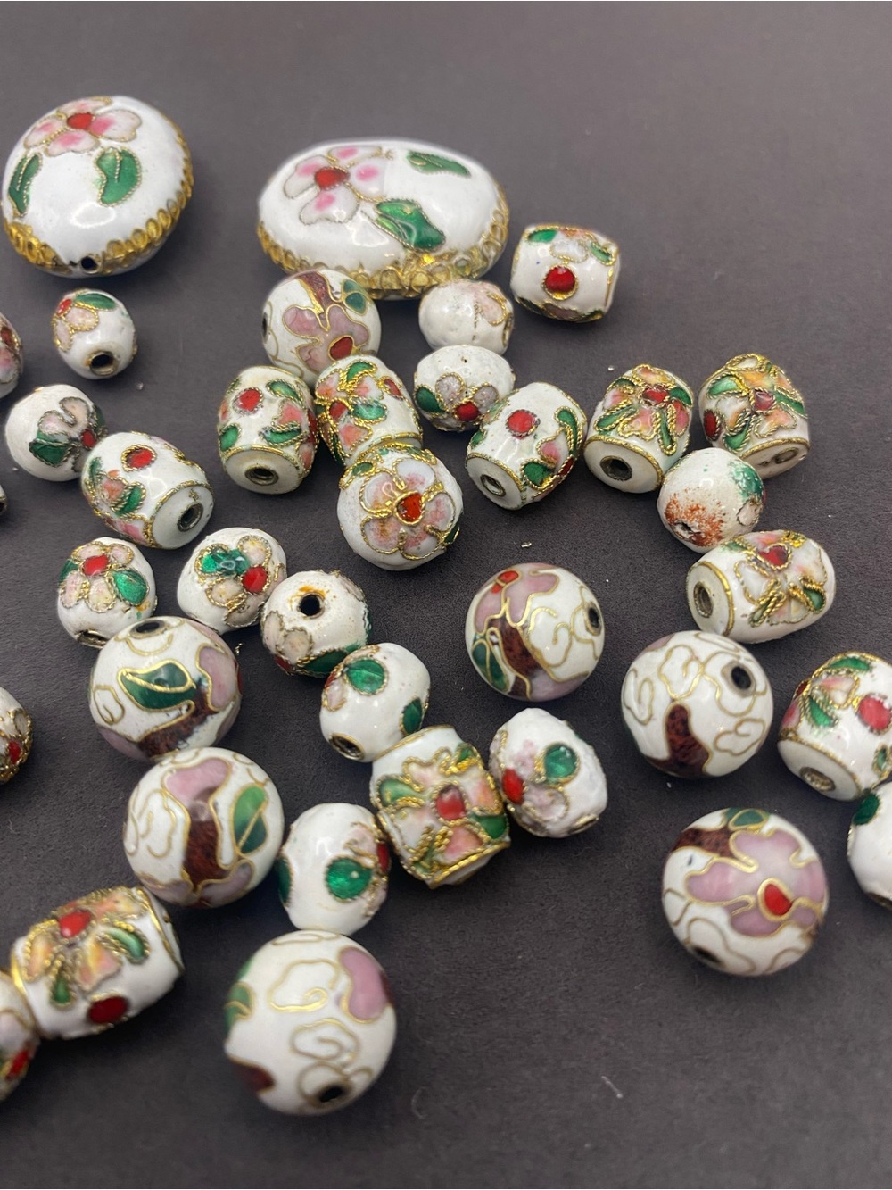 White Cloisonné Floral Beads - Set of Mixed Sizes